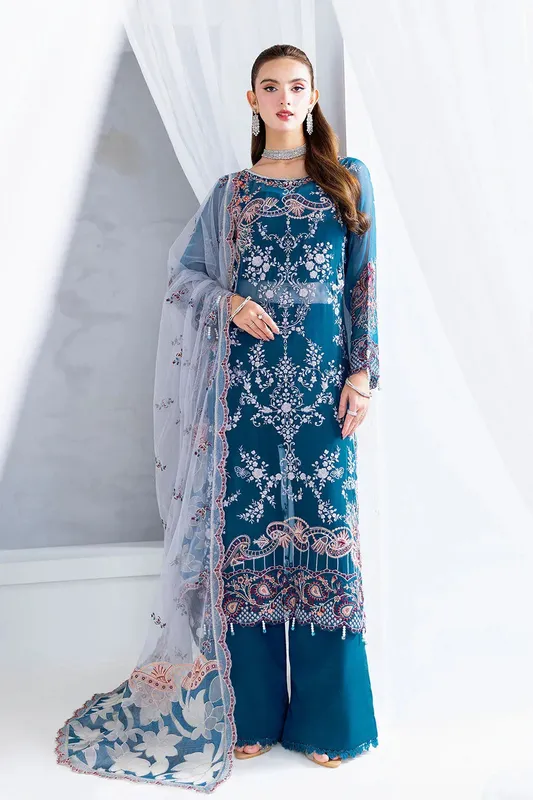 Ramsha Arzoo Chiffon Teal Blue Raw Silk – view 1 – Poshaq