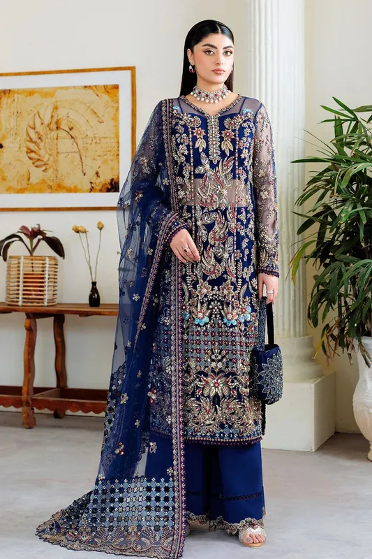 Ramsha Luxury Wedding Collection Navy Raw Silk – view 1 – Poshaq