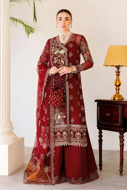 Ramsha Luxury Wedding Collection Blood Red Raw Silk – view 1 – Poshaq