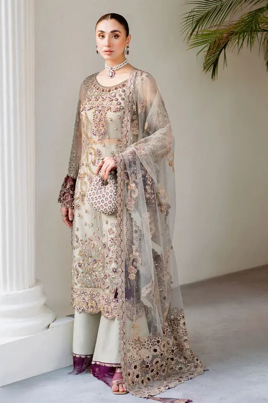 Ramsha Luxury Wedding Collection Cloud Gray Raw Silk – view 1 – Poshaq