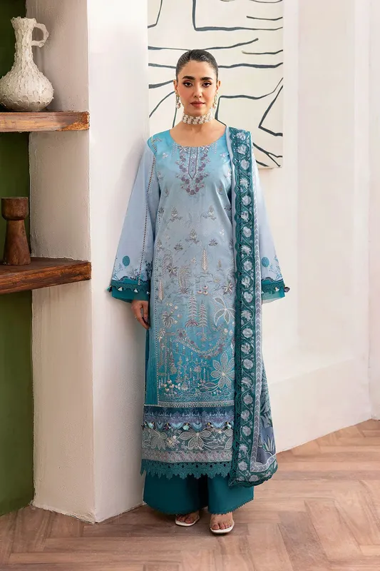 Ramsha Mashaal Luxury Lawn Pale Sky Blue Organza – view 1 – Poshaq
