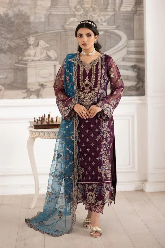 Ramsha Dastoor Collection Dark Plum Raw Silk – view 1 – Poshaq