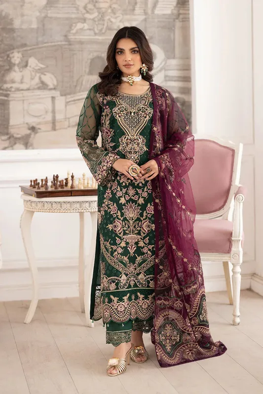 Ramsha Dastoor Collection Bottle Green Raw Silk – view 1 – Poshaq