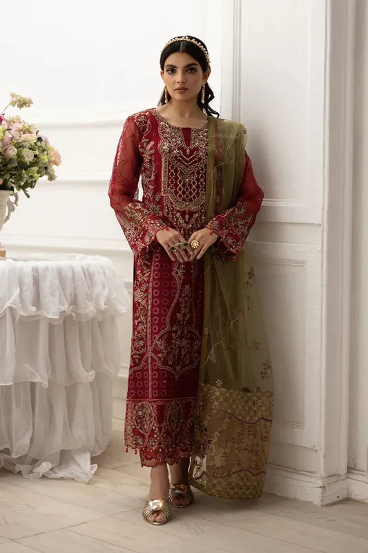 Ramsha Dastoor Collection Blood Red Raw Silk – view 1 – Poshaq