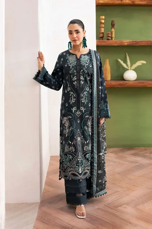 Deep green Ramsha lawn ensemble with embroidered organza border – view 1 – Poshaq