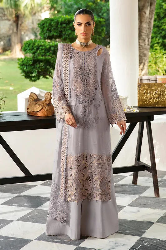 Ramsha Dastak Luxury Chiffon Collection Lilac Gray Organza – view 1 – Poshaq