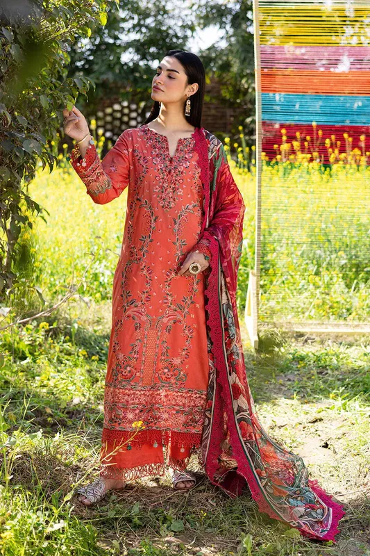 Ramsha Riwayat Lawn Collection Pinkish Orange Organza – view 1 – Poshaq