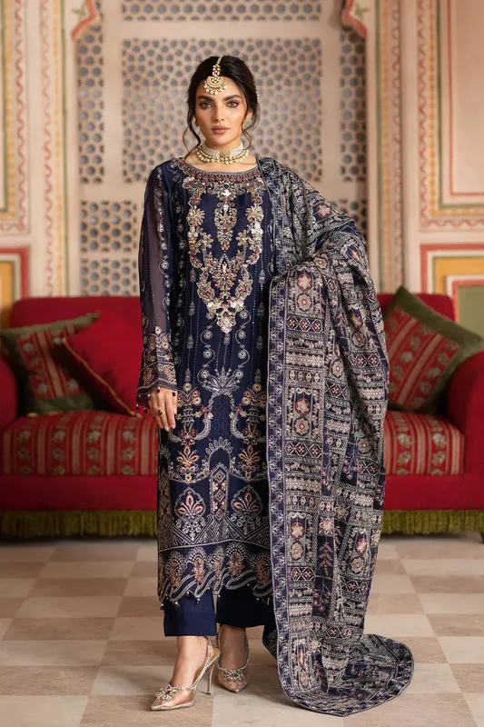 Ramsha Dastan Formals Deep Blue Raw Silk – view 1 – Poshaq