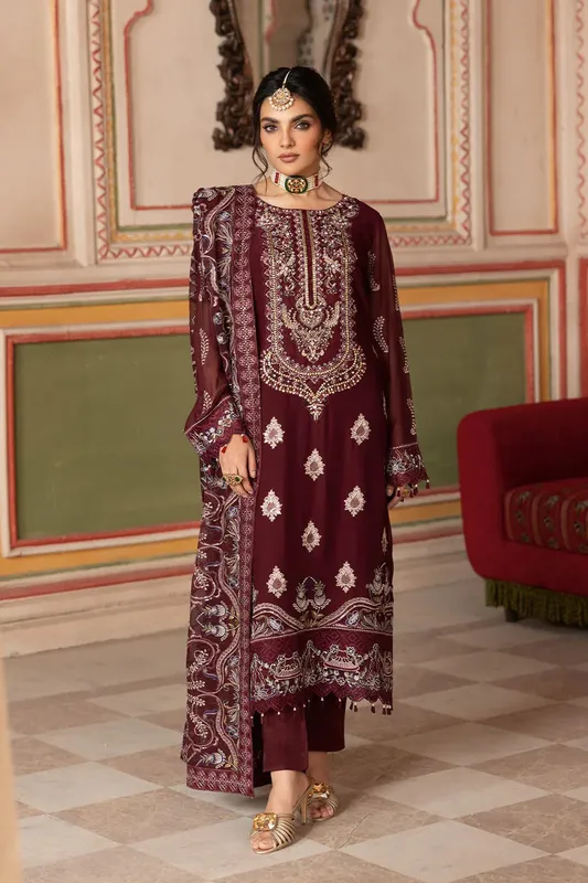 Ramsha Dastan Formals Dark Maroon Raw Silk – view 1 – Poshaq