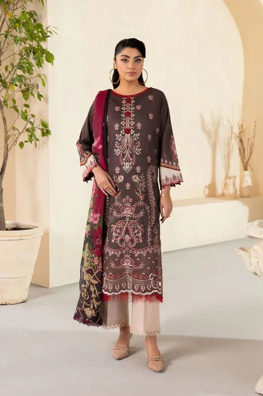 Ramsha Mashaal Luxury Lawn Chocolate Brown Organza – view 1 – Poshaq