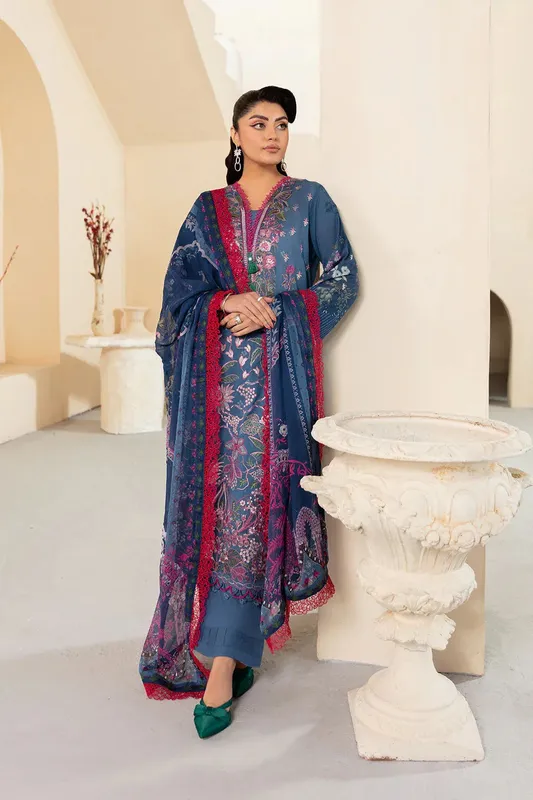Ramsha Mashaal Luxury Lawn Blue Gray Organza – view 1 – Poshaq