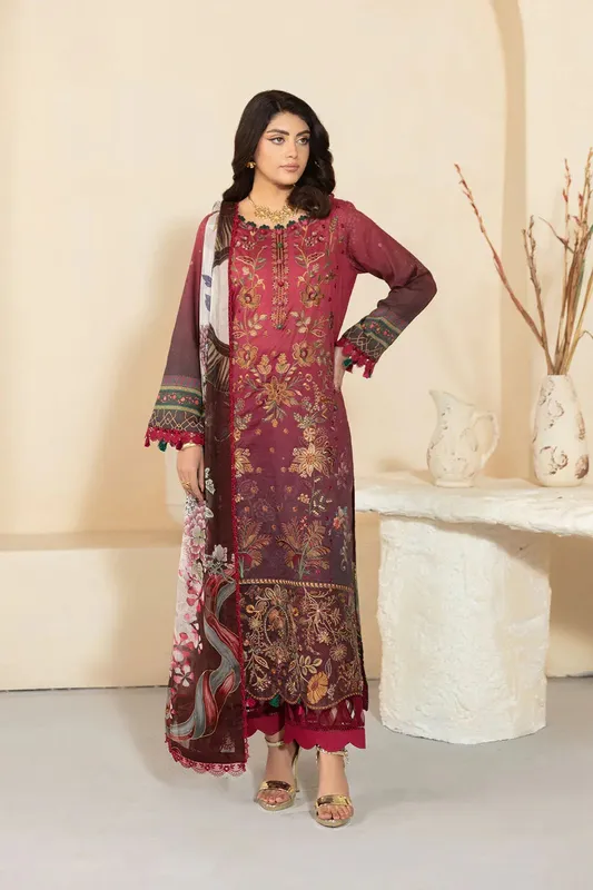 Ramsha Mashaal Luxury Lawn Coral Red Organza – view 1 – Poshaq
