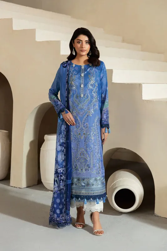 Ramsha Mashaal Luxury Lawn Persion Blue Organza – view 1 – Poshaq