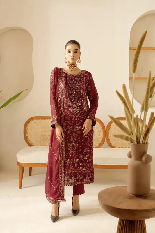 Ramsha Sonehri Collection Maroon Organza – view 1 – Poshaq