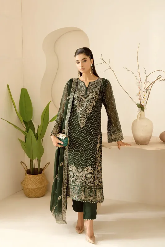 Ramsha Sonehri Collection Deep Olive Green Organza – view 1 – Poshaq