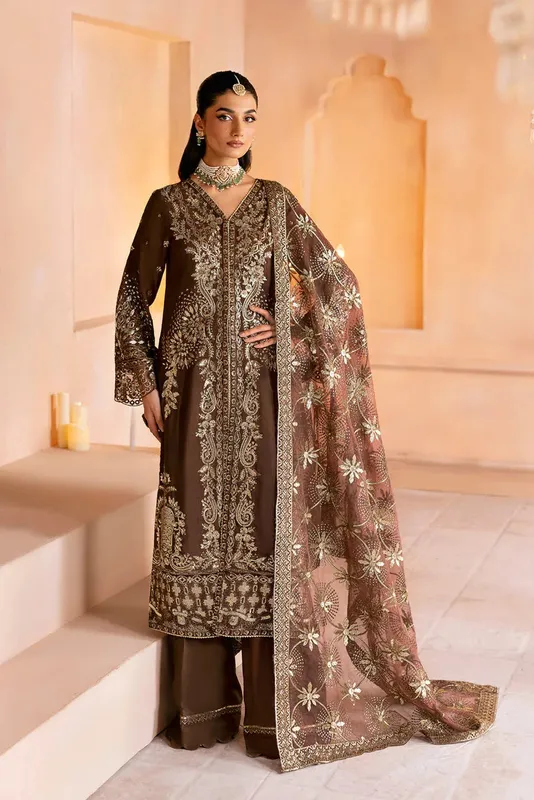 Ramsha Shehnai Collection Chocolate Brown Raw Silk – view 1 – Poshaq
