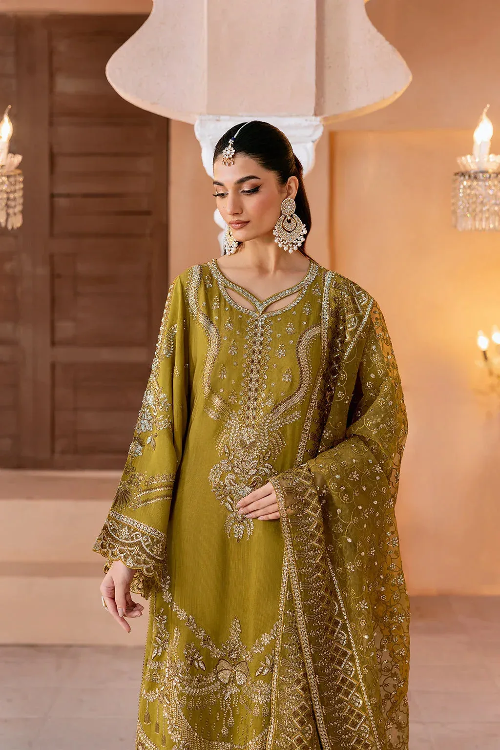 Ramsha Shehnai Collection Mehndi Green Raw Silk – view 1 – Poshaq