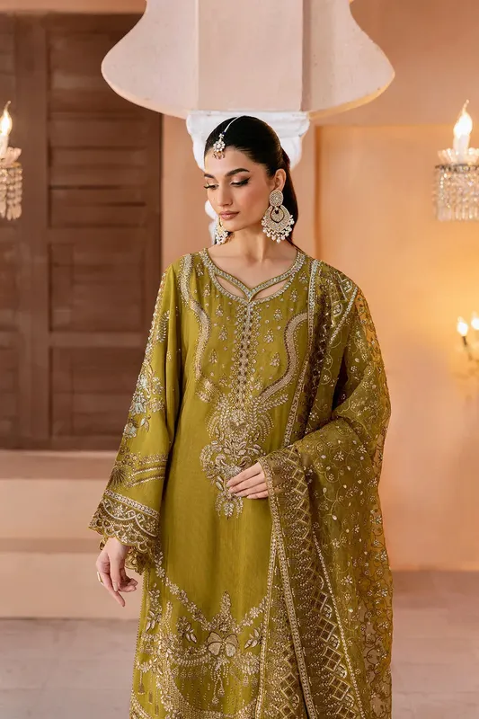 Ramsha Shehnai Collection Mehndi Green Raw Silk – view 1 – Poshaq