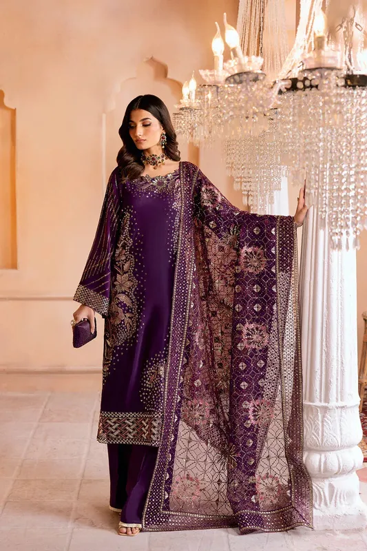 Ramsha Shehnai Collection Dark Purple Raw Silk – view 1 – Poshaq