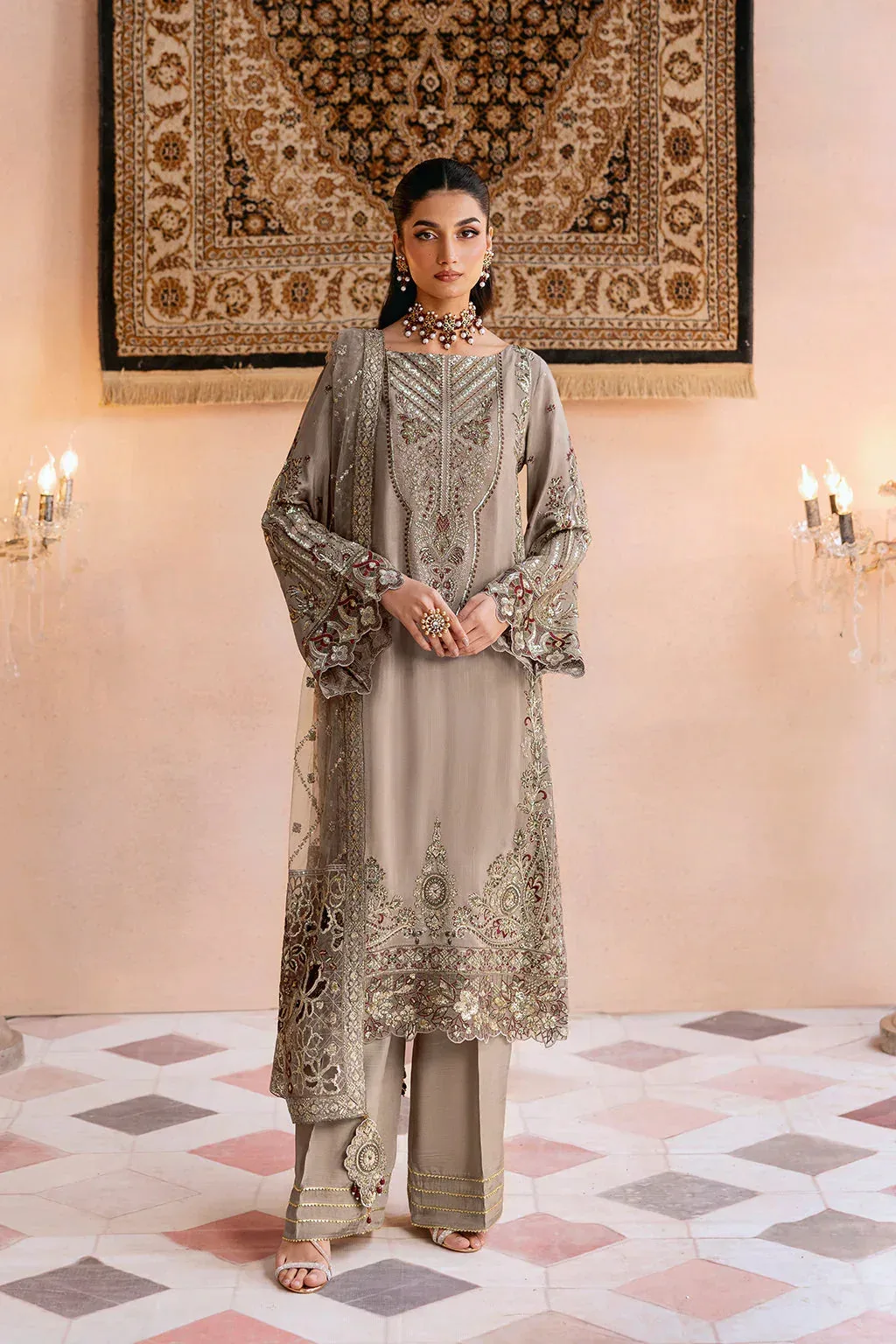 Ramsha Shehnai Collection Pastel Gray Raw Silk – view 1 – Poshaq