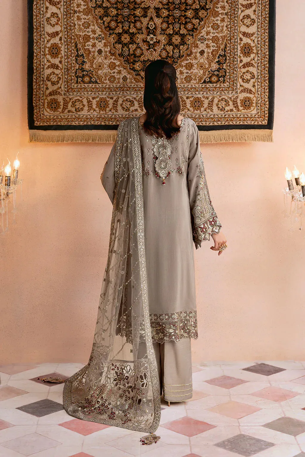 Ramsha Shehnai Collection Pastel Gray Raw Silk – view 2 – Poshaq