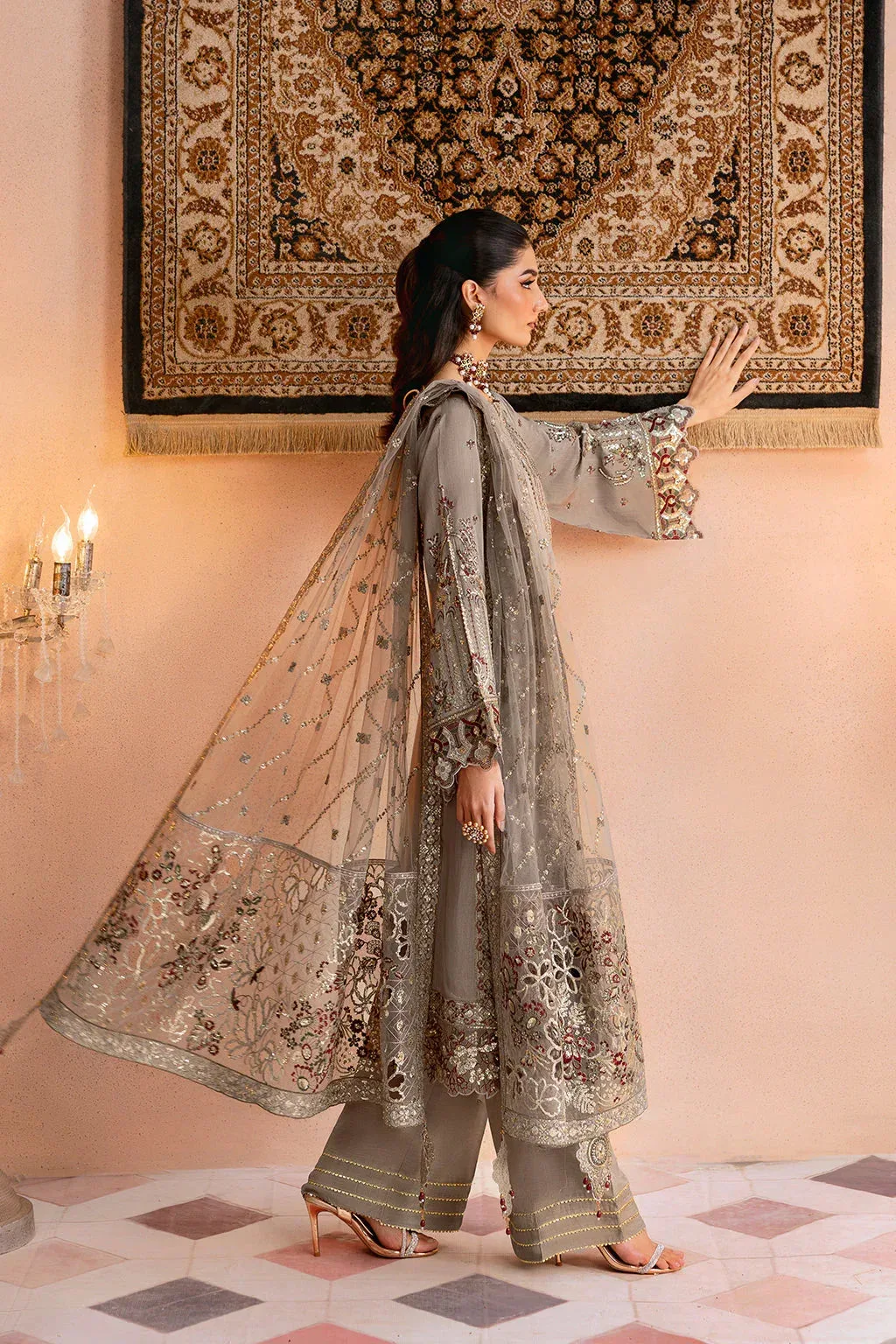 Ramsha Shehnai Collection Pastel Gray Raw Silk – view 3 – Poshaq