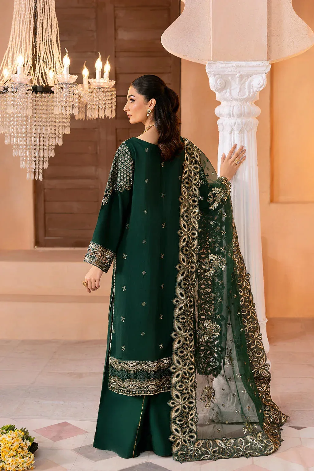 Ramsha Shehnai Collection Dark Green Raw Silk – view 2 – Poshaq