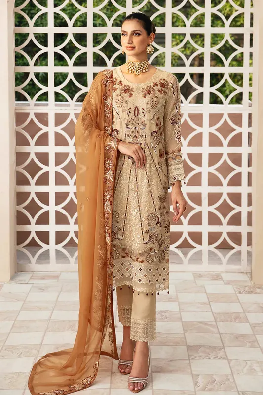 Ramsha Chevron Chiffon Collection Beige Raw Silk – view 1 – Poshaq