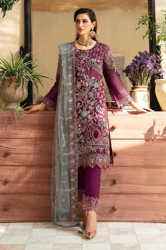 Ramsha Chevron Chiffon Collection Magenta Raw Silk – view 1 – Poshaq