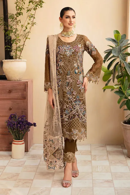 Ramsha Chevron Chiffon Collection Dull Brown Raw Silk – view 1 – Poshaq
