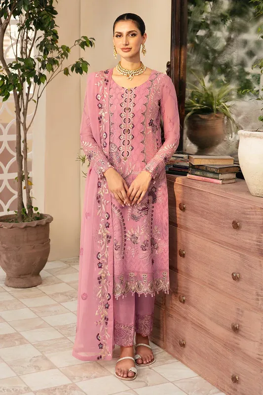 Ramsha Chevron Chiffon Collection Lilac Raw Silk – view 1 – Poshaq