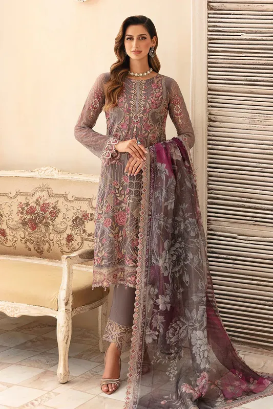 Ramsha Chevron Chiffon Collection Mouse Gray Raw Silk – view 1 – Poshaq