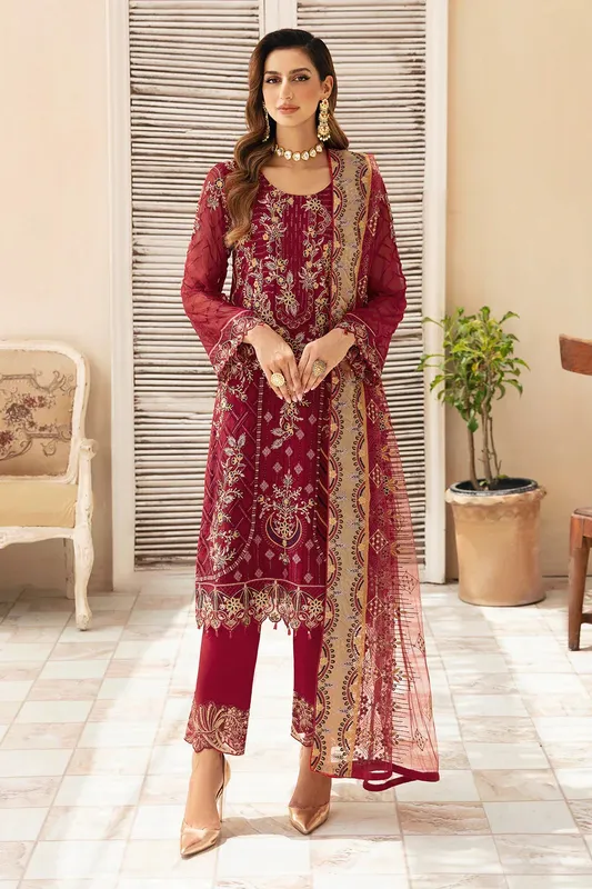 Ramsha Chevron Chiffon Collection Haute Red Raw Silk – view 1 – Poshaq