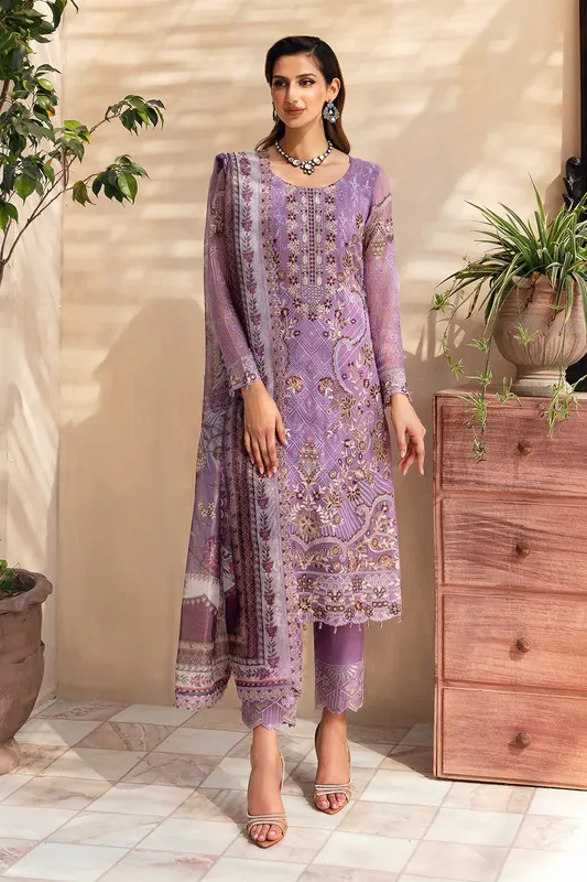 Ramsha Chevron Chiffon Collection Purple Gray Raw Silk – view 1 – Poshaq