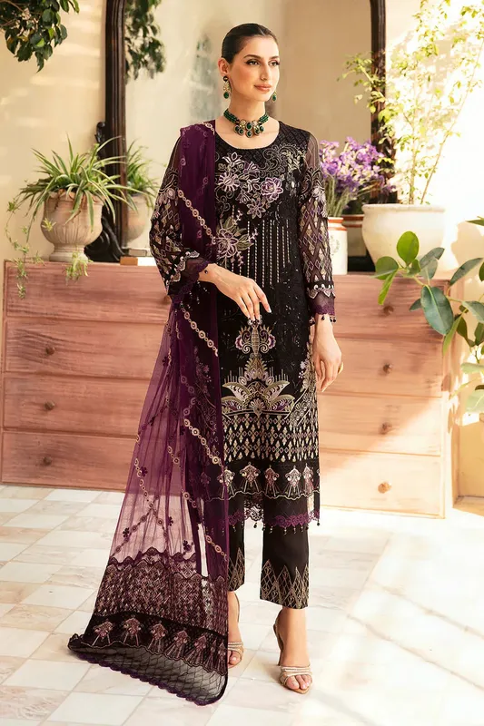 Ramsha Chevron Chiffon Collection Black Raw Silk – view 1 – Poshaq
