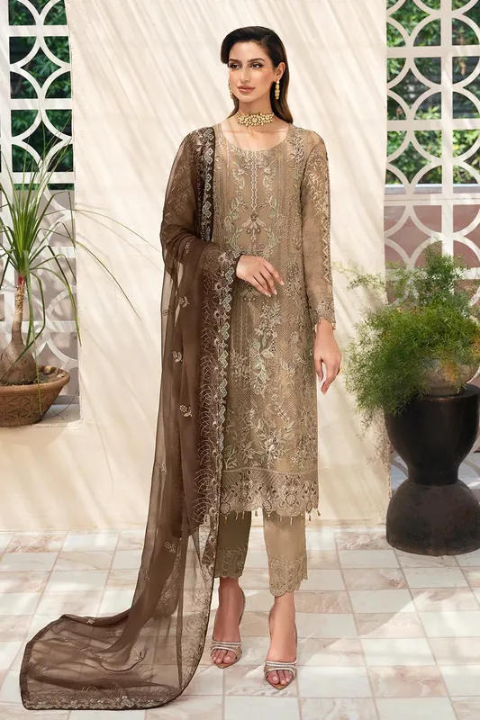 Ramsha Chevron Chiffon Collection Coffee Raw Silk – view 1 – Poshaq