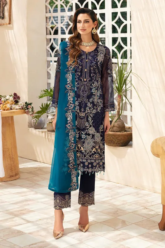 Ramsha Chevron Chiffon Collection Deep Blue Raw Silk – view 1 – Poshaq