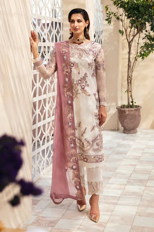 Ramsha Chevron Chiffon Collection Ivory Raw Silk – view 1 – Poshaq