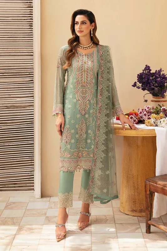Ramsha Chevron Chiffon Collection Mint Raw Silk – view 1 – Poshaq