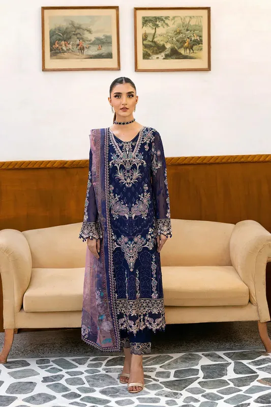 Ramsha Chevron Chiffon Collection Navy Blue Organza – view 1 – Poshaq