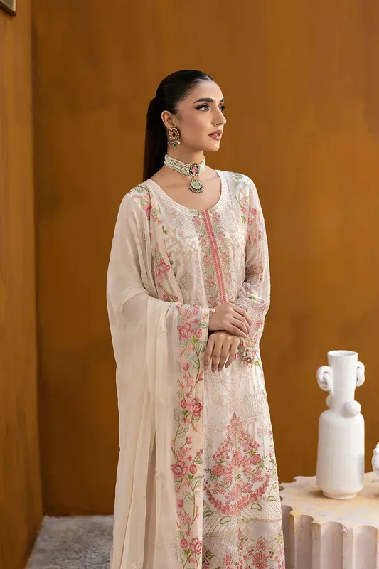 Ramsha Chevron Chiffon Collection Ivory Organza – view 1 – Poshaq