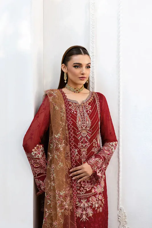 Ramsha Chevron Chiffon Collection Maroon Organza – view 1 – Poshaq