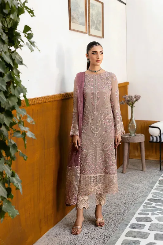 Ramsha Chevron Chiffon Collection Cloud Gray Organza – view 1 – Poshaq