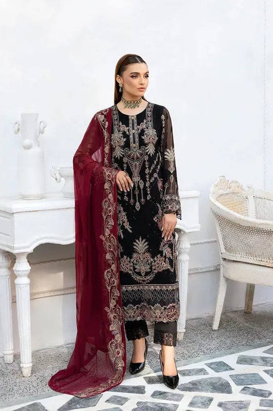 Ramsha Chevron Chiffon Collection Black Organza – view 1 – Poshaq