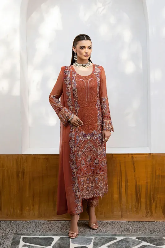 Ramsha Chevron Chiffon Collection Bronze Organza – view 1 – Poshaq