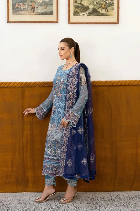 Ramsha Chevron Chiffon Collection Dusty Blue Organza – view 1 – Poshaq