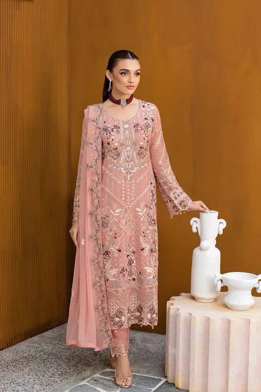 Ramsha Chevron Chiffon Collection Light Pink Organza – view 1 – Poshaq