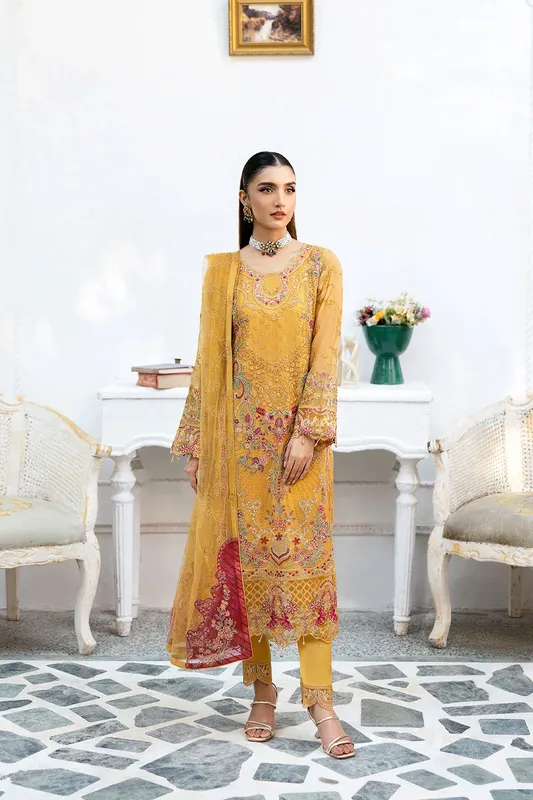 Ramsha Chevron Chiffon Collection Mustard Yellow Organza – view 1 – Poshaq