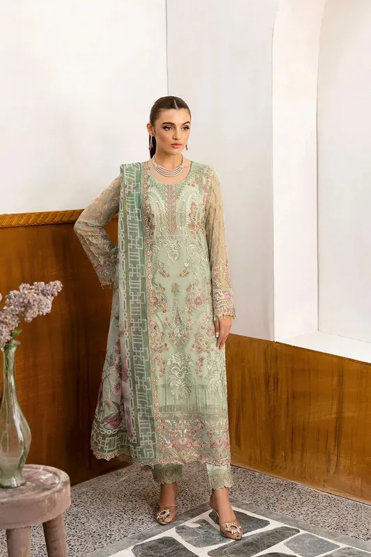 Ramsha Chevron Chiffon Collection Pastel Mint Organza – view 1 – Poshaq