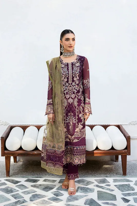 Ramsha Chevron Chiffon Collection Dark Plum Organza – view 1 – Poshaq